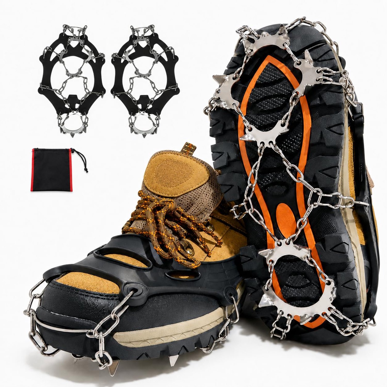 Famanu 13-Zacken Grip voor Wandelschoenen Voorkom uitglijden op ijs en sneeuw Duurzaam TPE met roestvrijstalen kettingen 1 stuk Zwart