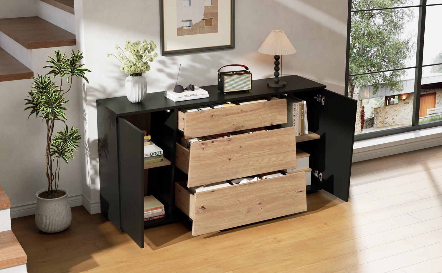 DESMIU Buffetkast - 3 Lades En 2 Deuren Met Verstelbare Planken - Voor Keuken En Woonkamer - MDF En Spaanplaat - 140x35x70 Cm - Zwart Houtlook