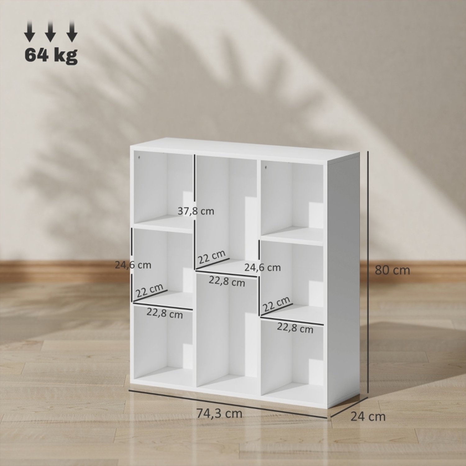 MODENUIT Boekenkast - 8 Open Vakken - Voor Woonkamer, Slaapkamer en Kantoor - Spaanplaat - Wit - 74,3x24x80 Cm