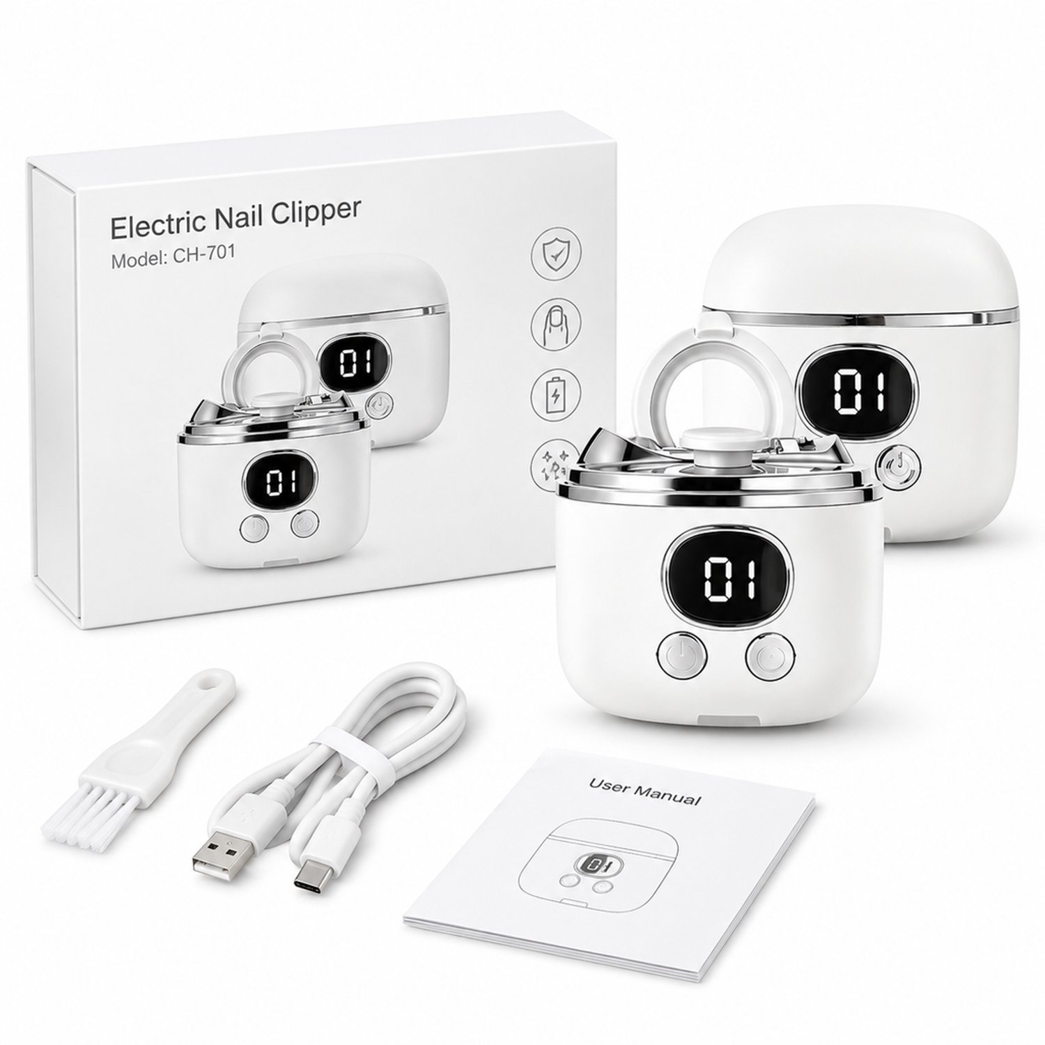 elektrische nagelknipper - model CH-701 - voor dagelijks thuisgebruik - witte verpakking met apparaat en accessoires