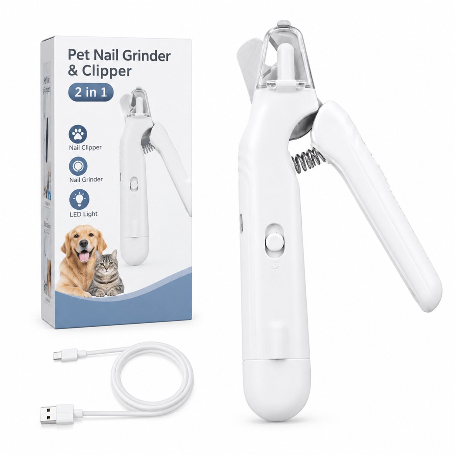 Elektrische nageltrimmer voor huisdieren - 2-in-1, wit - Nagelknipper en slijper met LED-verlichting - Voor katten en honden - Engelstalige kleurendoos
