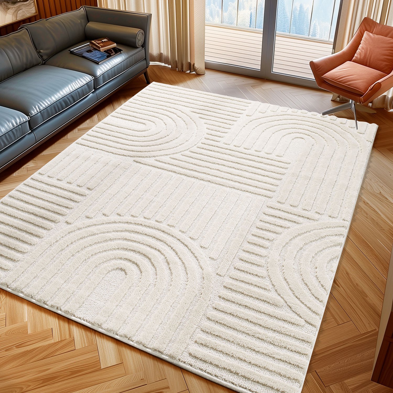 Moonay Kiyaro Lino Vloerkleed Crème 120 x 170 cm - Japandi Scandinavisch - Geometrisch 3D Reliëf - Hoog- en Laagpolig