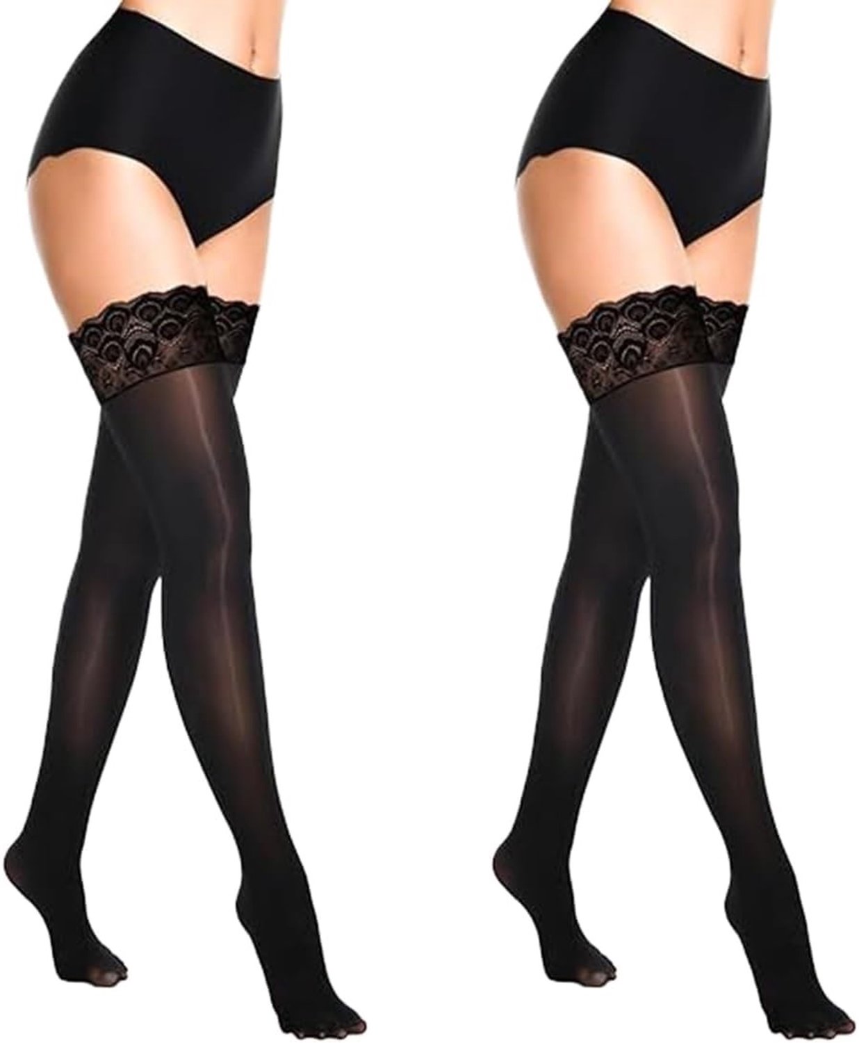 Set van 2 Dames Halterloze Kousen, Zwarte Suspender Kousen met Kant, Herbruikbaar en Comfortabel