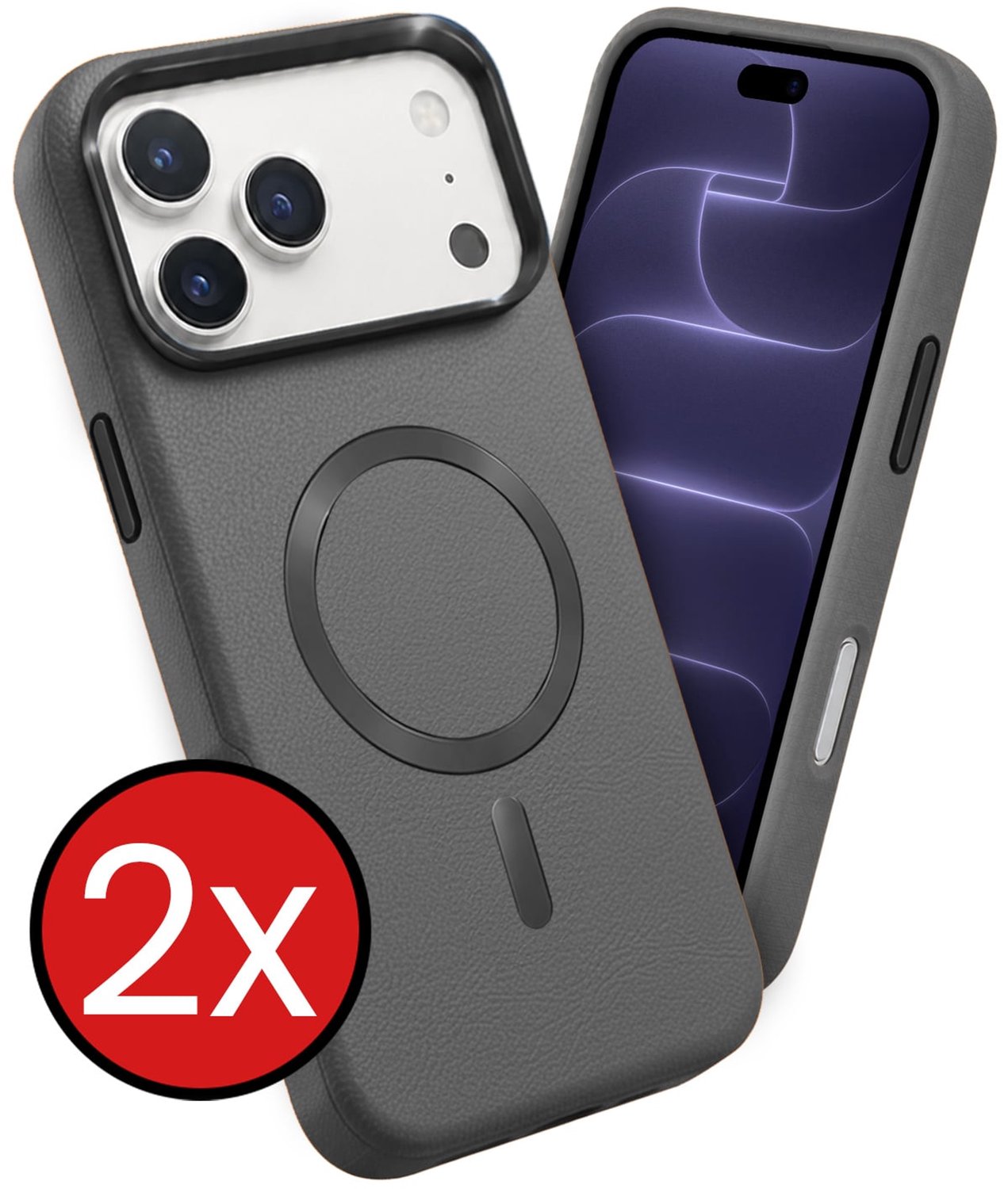 Hoesje - 2 Stuks - Geschikt voor Apple iPhone 18 Pro - Magsafe Compatible - Leer Look - Sterk & Shockproof - Shock Proof Case - Back Cover - Telefoon Hoes - Telefoonhoes - Grijs