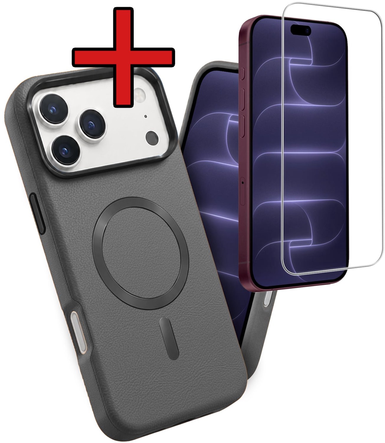 Hoesje - Met Screenprotector - Geschikt voor Apple iPhone 18 Pro Max - Magsafe Compatible - Leer Look - Sterk & Shockproof - Shock Proof Case - Back Cover - Telefoon Hoes - Telefoonhoes - Grijs