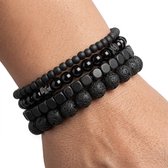 Set van 4 zwarte kralen armbanden voor heren en dames – elastisch – combinatie van matte, glanzende en lavasteen-look kralen – unisex design