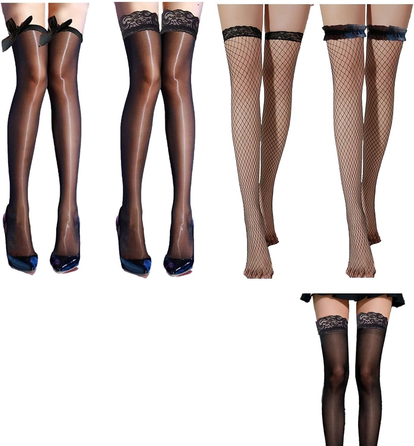Verleidelijke Strappy Fishnet Kousen - 4 Paar Zwarte Transparante Kanten Kniekousen - One Size - Ideaal voor Lingerie, Feestjes en Verleidelijke Outfits