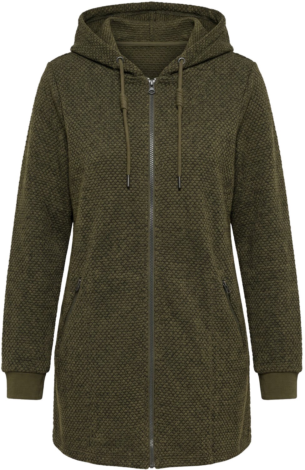 Ulla Popken - Dames - Gebreid fleece jas tekst capuchon lange mouwen - Donkerkaki - Maat 54+