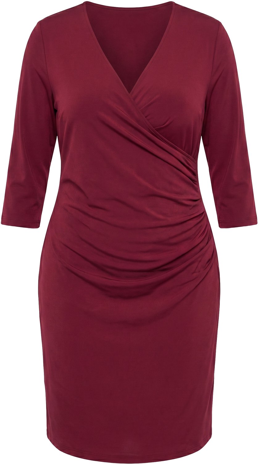 Ulla Popken - Dames - Jersey jurk wikkellook V-hals 3/4 mouwen - Donker wijnrood - Maat 46+