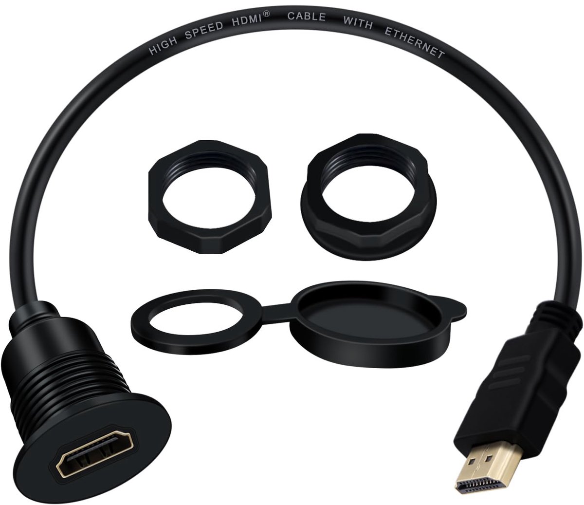 HDMI-verlengkabel met paneelmontage, 4K, 60 Hz, 18 Gbps, High Speed HDMI-stekker naar bus, automontage, inbouwkabel, schroefdraad, stevig, voor auto, vrachtwagen, motorfiets, boot (0,3 m)