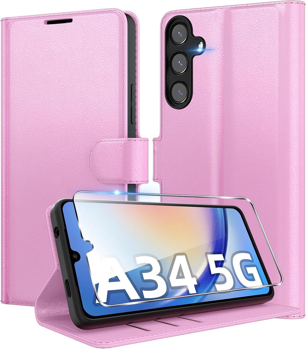 Beschermhoes voor Samsung Galaxy A34 5G, van hoogwaardig PU-leer, portefeuille, beschermhoes voor kaarten, schokbestendig, flip case, met 1 gehard glas, roze