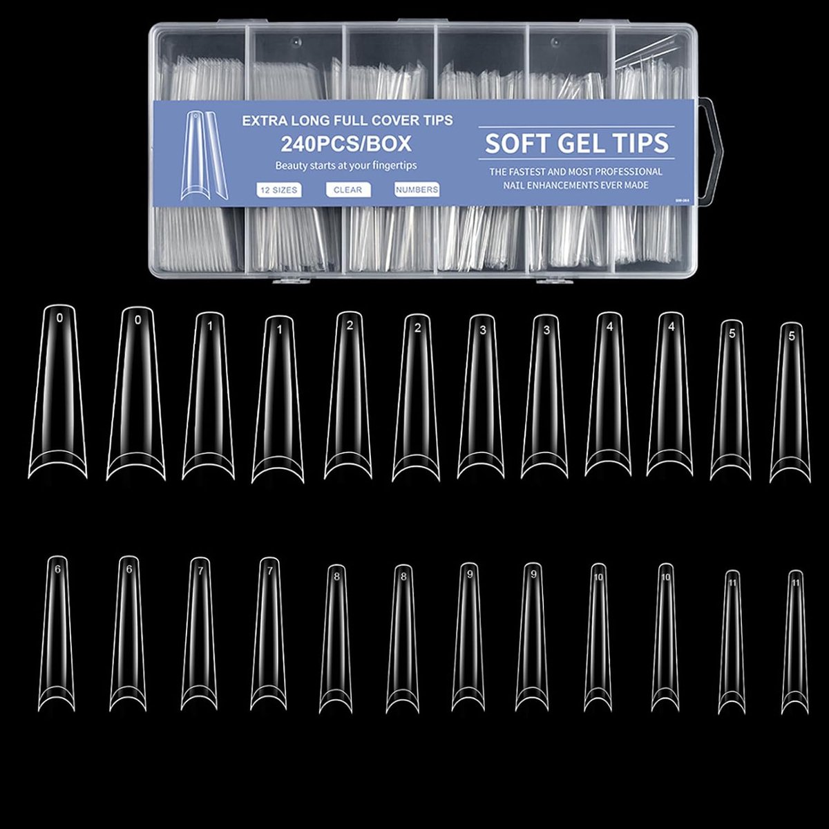 240 stuks trapeziumvormige nageltips voor gelnagels, 12 maten, half cover, nageltips, set voor nagelverlenging, Coffin kunstnagels voor doe-het-zelf nageldesign en professionele nagelstudio