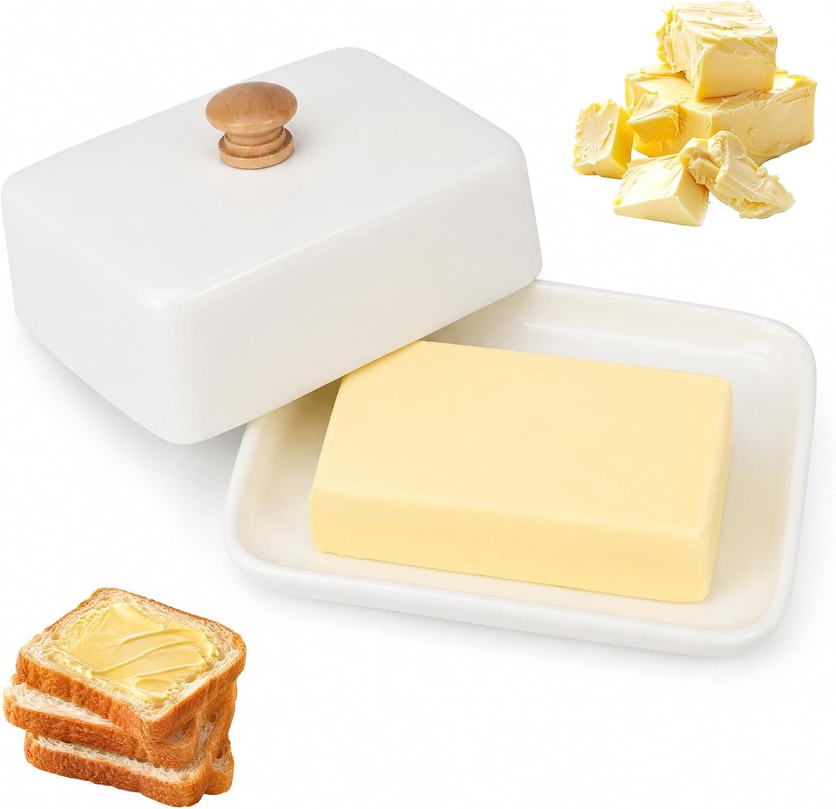 Botervloot, keramiek, witte botervloot met deksel, boterbel met deksel en handvat, voor 250 g boter, vaatwasmachinebestendig, botervloot voor huishouden en keuken, koelkast en tafel