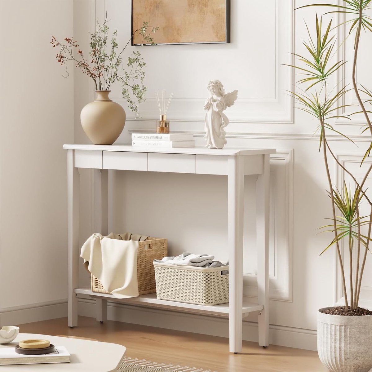 Houten consoletafel met laden, 24,8 cm smalle salontafel, voor entree, hal, foyer, woonkamer, 24,8 x 100 x 80 cm (wit)