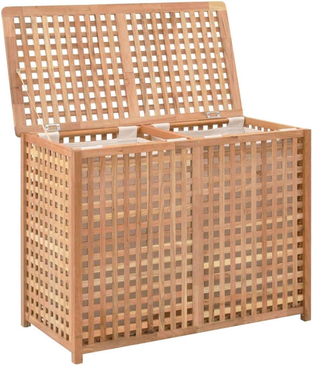 Wasmand met 2 opbergvakken, afneembare binnenste stoffen zakken, afmetingen: 87,5 x 46 x 67 cm (B x D x H), massief walnoot en multiplex naturel