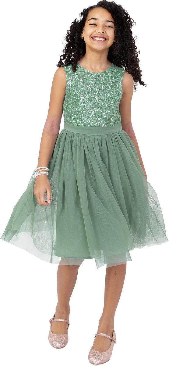 Deluxe Midi-jurk voor meisjes, pailletten, feestjurk, tutu, bruidsmeisjes, bruiloft, met ceintuur, Diepe munt, 5-6 jaar
