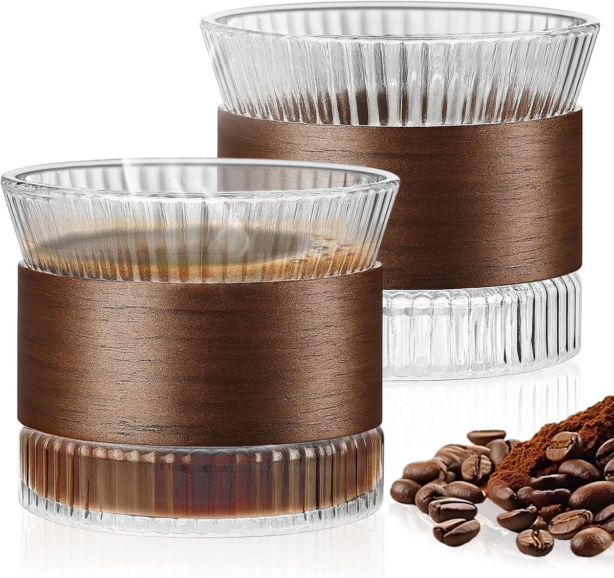 Set van 2 glazen Espressokopjes 150ML, Espressokopjes van walnoothout, Mokka koffieset voor koffieliefhebbers, Voor het bewaren van koffie en melk (Transparant)