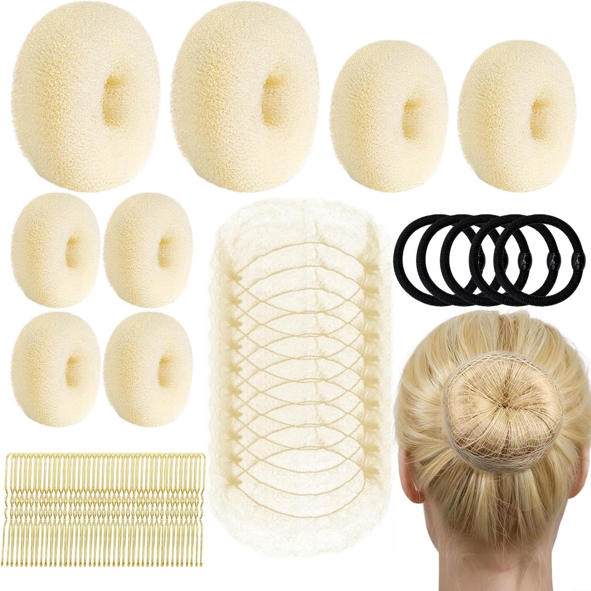 63-delig haarbun-set in verschillende maten, haarbun-maker met haarspelden en elastische banden voor vrouwen en kinderen balletdansers