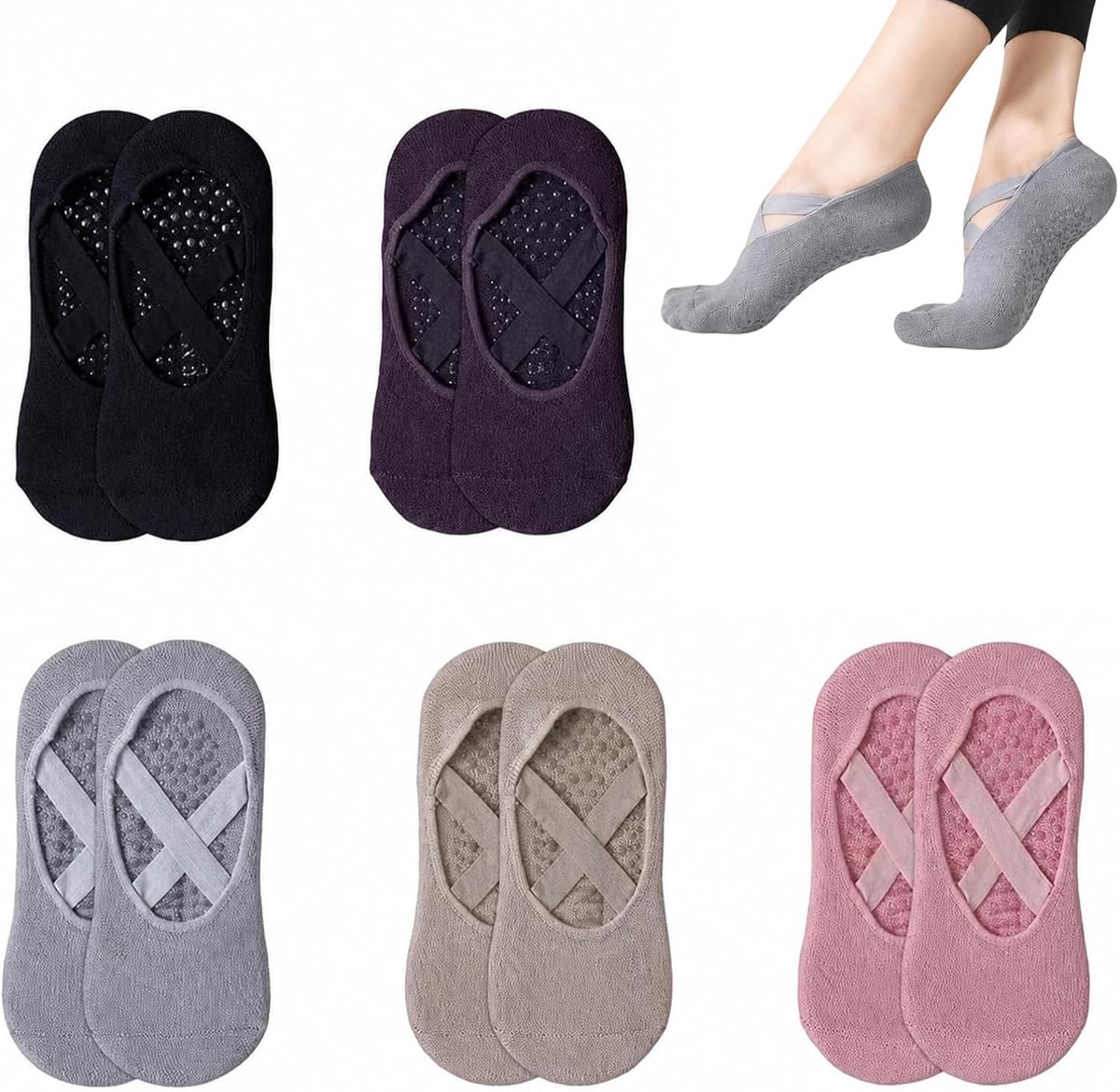 Sokken voor Dames, Yoga met Siliconen Grip en Kruisband Design, Binnen voor Yoga, Pilates, Ballet, Dans en Fitness Training