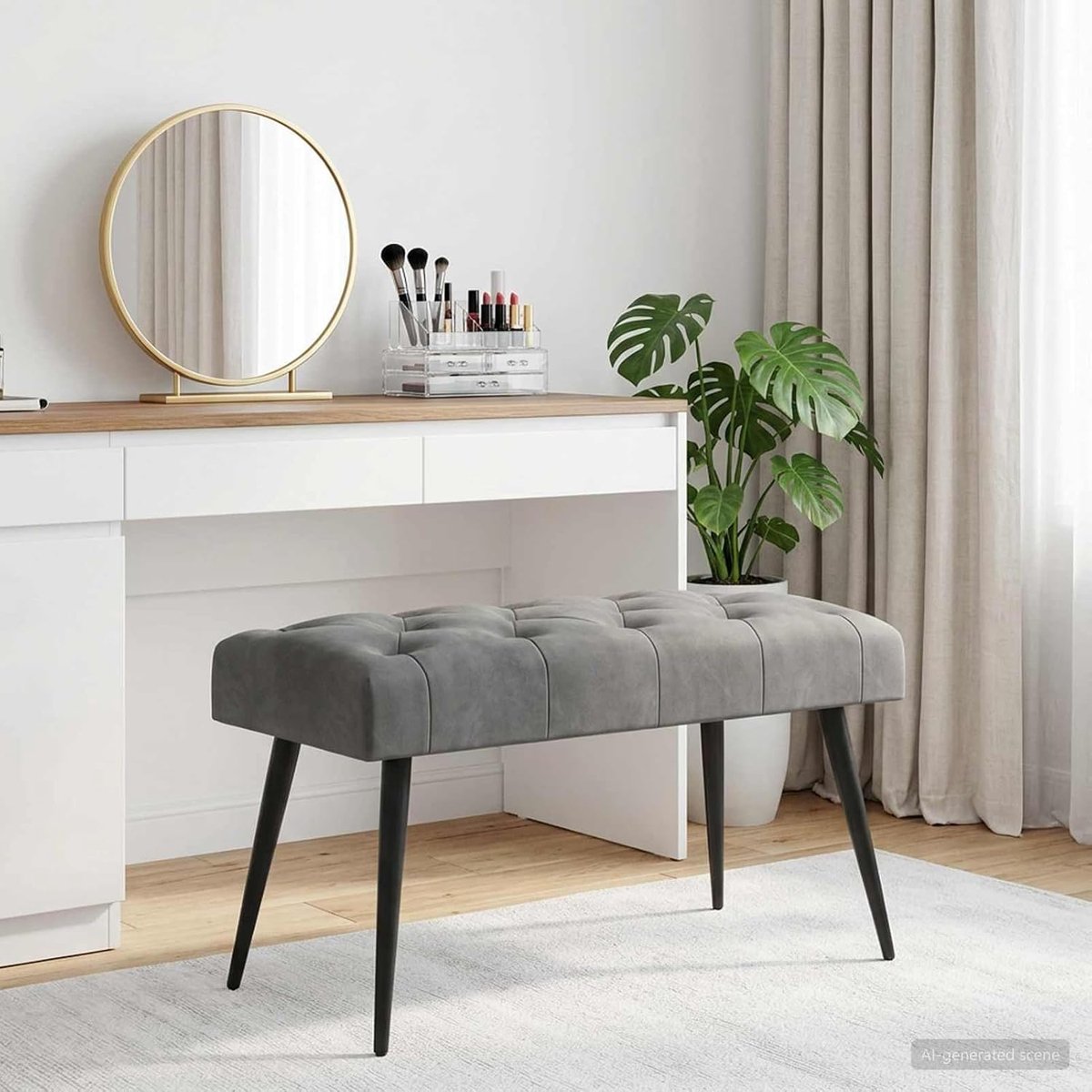 Zitbank met knoopsluiting, gestoffeerde bank van fluweel in donkergrijs, 80 x 40 x 46 cm voor woonkamer, slaapkamer en entree als stijlvolle opbergruimte
