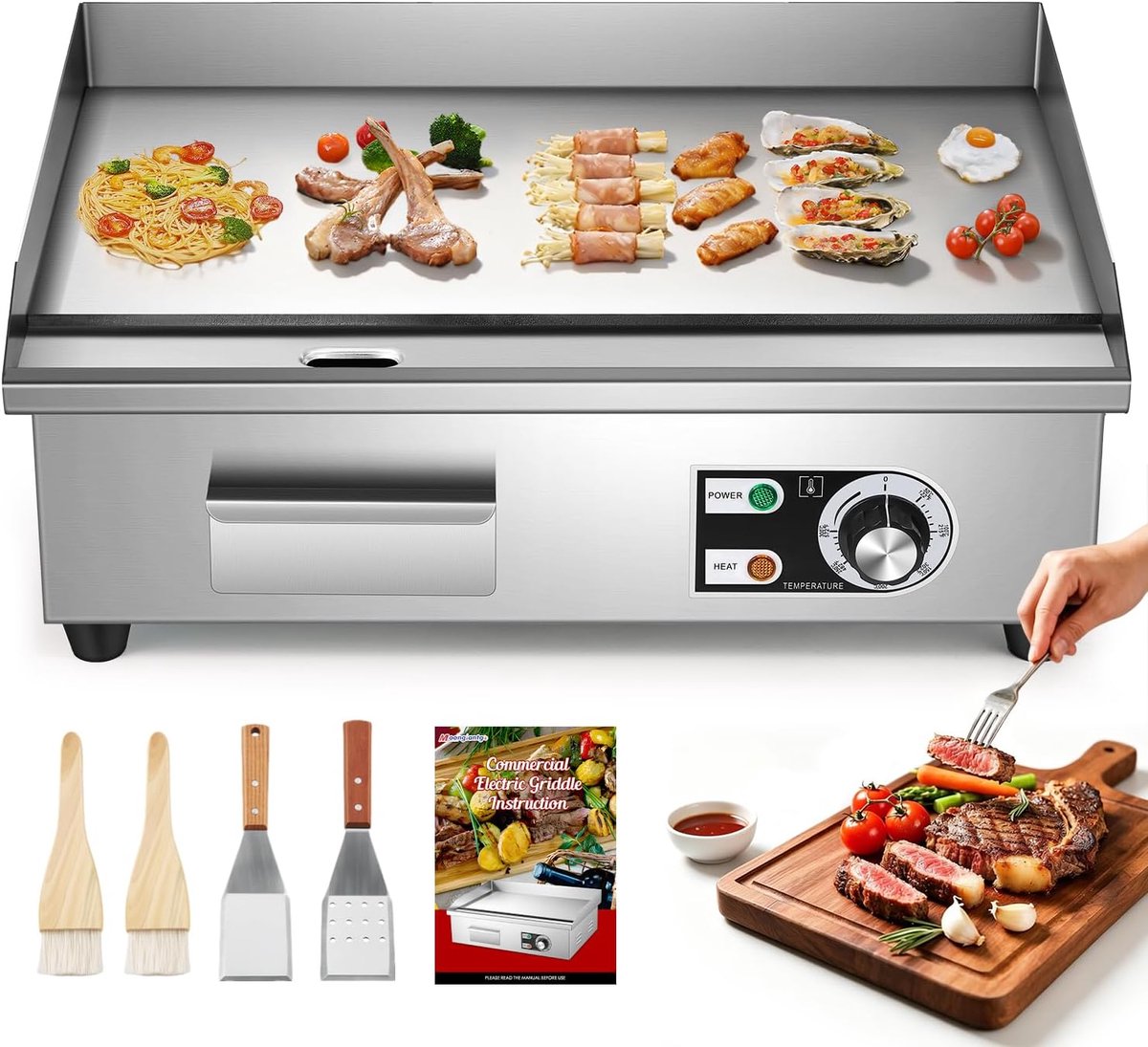 Elektrische grillplaat, 22 inch, 3000 W, grill van roestvrij staal met afneembare oliefilter en instelbare temperatuur (0-300 °C), anti-aanbakplaat voor restaurants, keukens (55 cm)