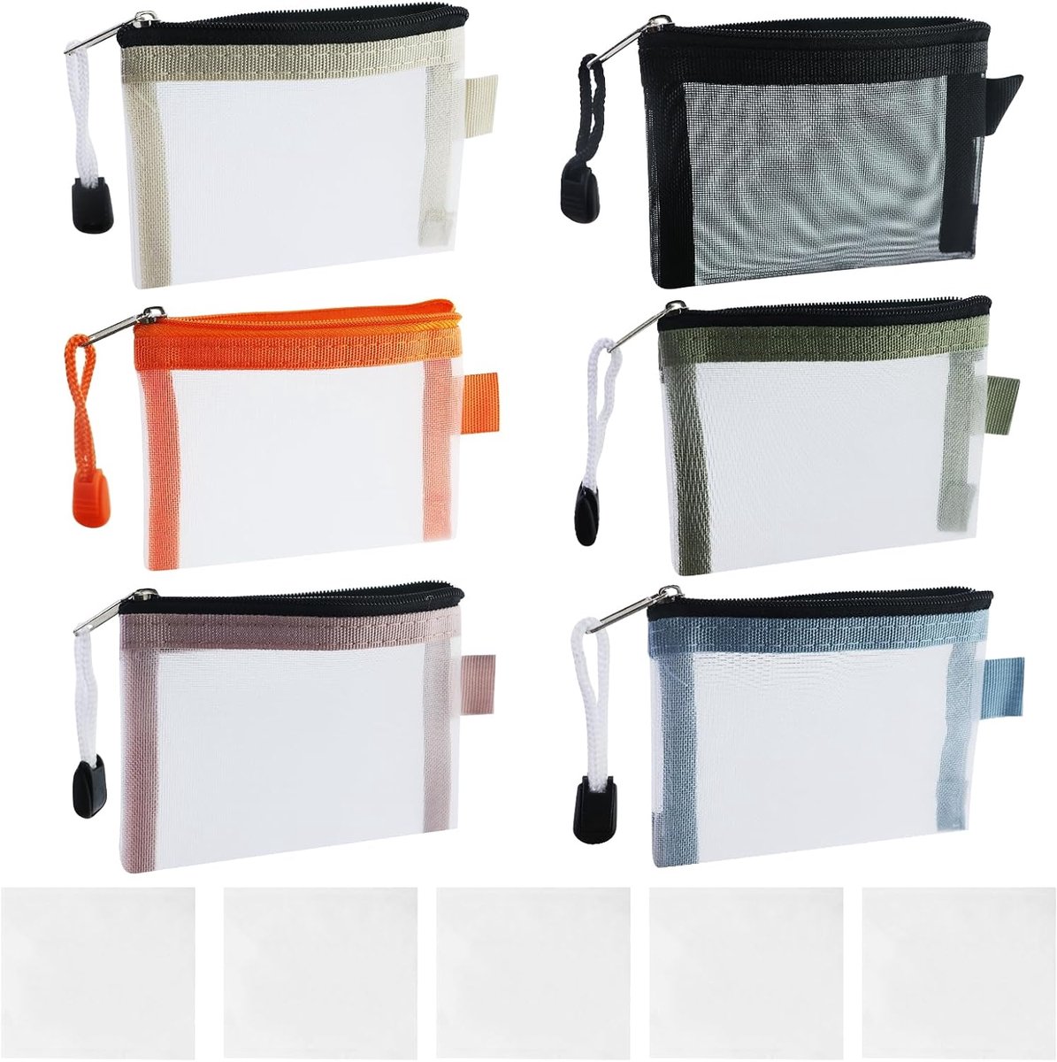 5 stuks mini-netvakken met ritssluiting, make-up-organizer, draagbare cosmeticatasje, beauty-accessoires, houder, tas, opslag, muntenportemonnee met 5 wattenschijfjes, zwart, Mini-netzakken