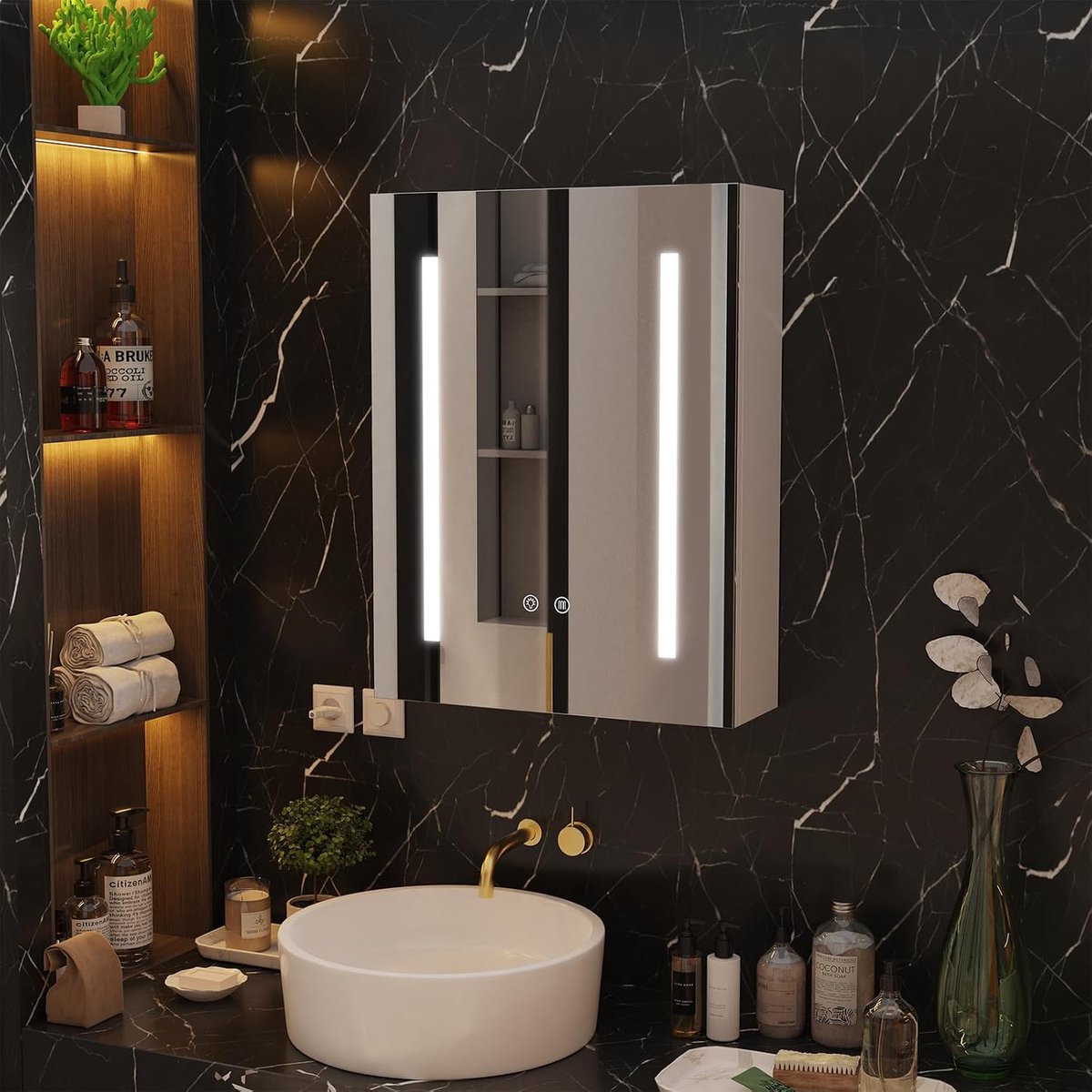 Spiegelkast badkamer met ledverlichting, wit, MDF, 3-kleurige verlichting met aanraakbediening, verstelbare legplanken, stopcontact en lichtschakelaar, anti-condens (60 x 80 x 15 cm)