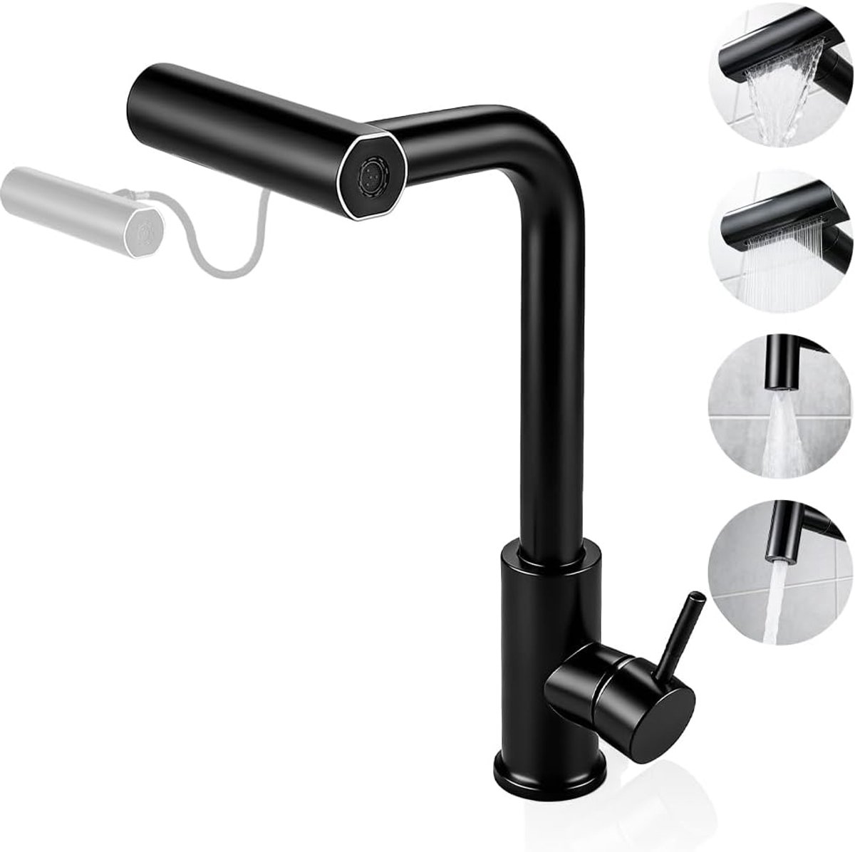 Watervalkraan voor de keuken, zwart, 360 graden draaibaar, hogedruk armatuur voor keuken met uittrekbare douche, mengkraan voor keuken, roestvrij staal, wastafelarmatuur met 3 straalsoorten