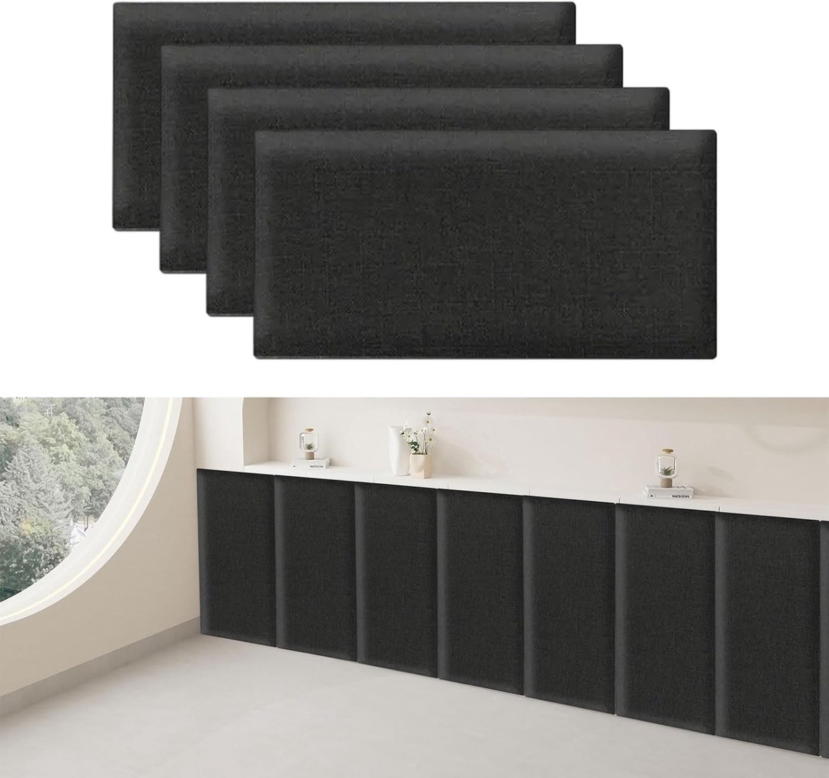 3D-wandpanelen, 4 stuks, katoenlinnen, gestoffeerd paneel, zelfklevend, anti-botsing, bedhoofdeinde, 3D-wandbekleding, zwart, 40 x 20 cm