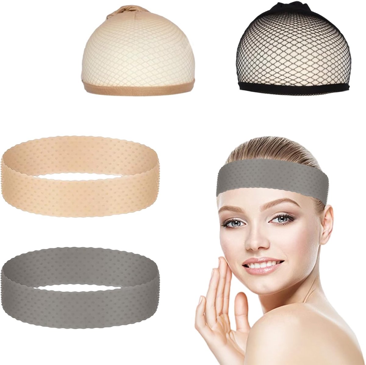 2 stuks siliconen pruik grip band en 2 stuks pruikkappen, antislip elastische hoofdband voor vrouwen, herbruikbare pruik accessoires set voor kant front pruiken, sport, yoga, lijmloze pruikfixatieset