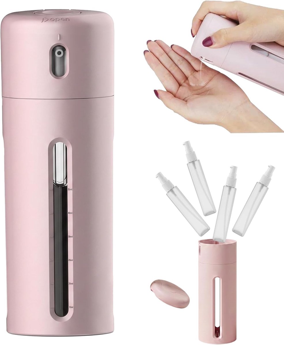 4-in-1 dispenser, oplaadbaar, 4-in-1 dispenser, draagbaar, reisdispenser, lekvrij, met schaal, geschikt voor shampoo, conditioner, lotion en crème