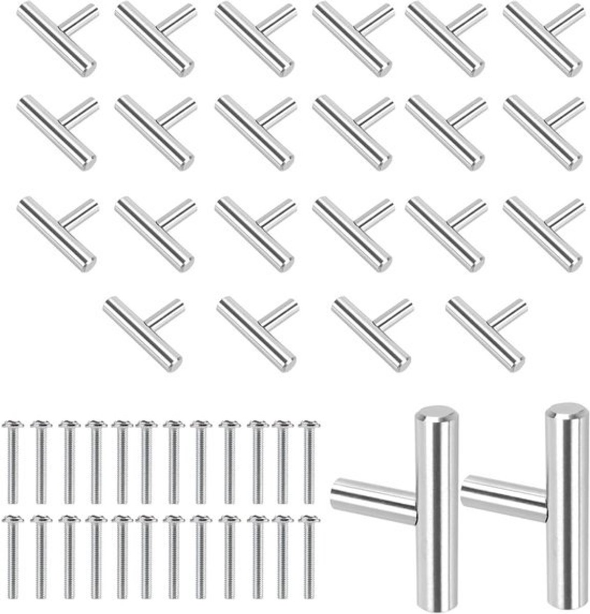 T-Bar Kastgrepen van RVS, 50 x 32 x 10 mm, Zilver, Set van 24 - Duurzaam, Modern en Stijlvol