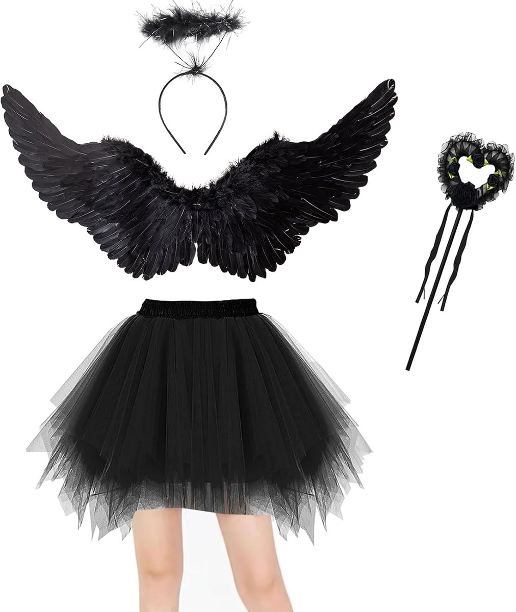 4 Stuks Engelenkostuum Dames Set 80CM Engelenvleugels Zwart Volwassen Engelen Duivel Fee Kostuum Tule Rok met Halo Toverstok voor Carnaval Halloween Cosplay Carnaval Vermomming