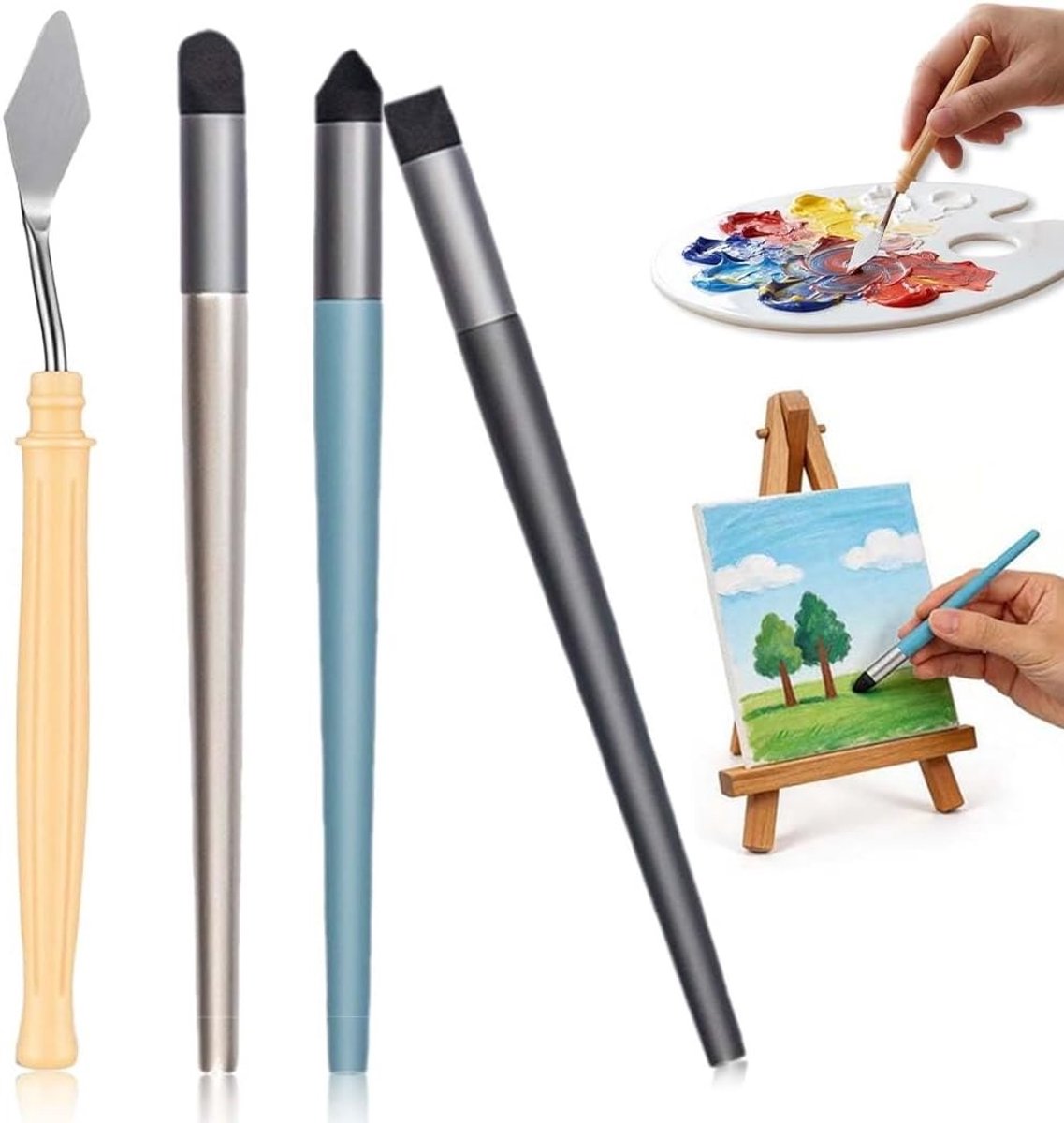 Menggereedschap voor Oliepastels - 3 Sponskoppen en 1 Schraper voor Zachte Overgangen en Gedetailleerd Schilderen met Aquarel en Schetsen
