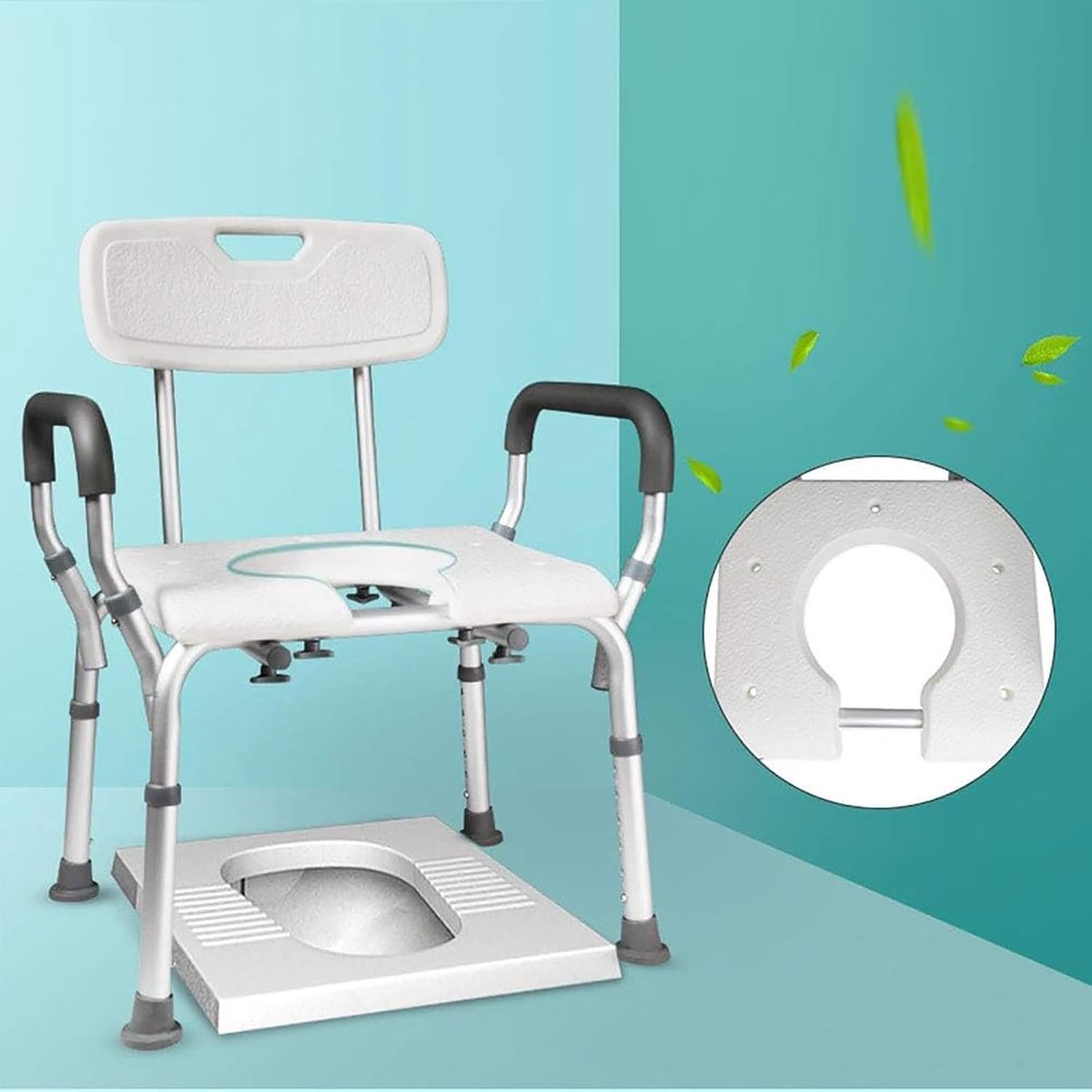 toiletbril met handgrepen en rugleuning Nachtkastje Commode Stoel Verstelbare en draagbare badkamerstoel voor volwassenen, ouderen, gehandicapten,Wit