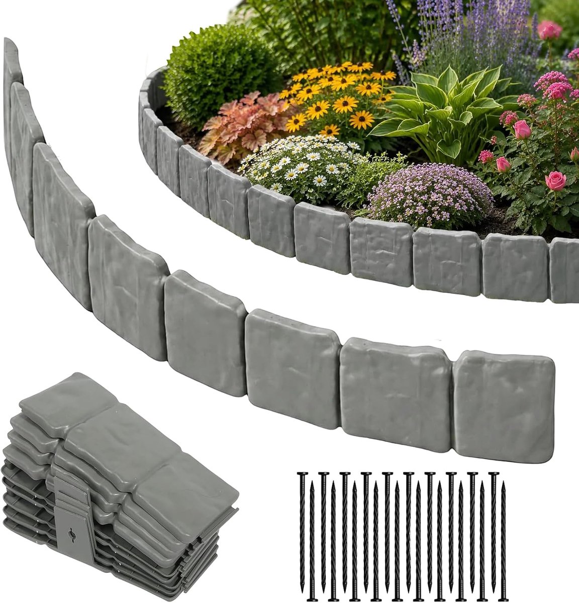 Gazonrand voor de tuin, steenlook, grijs, 5 m, kunststof