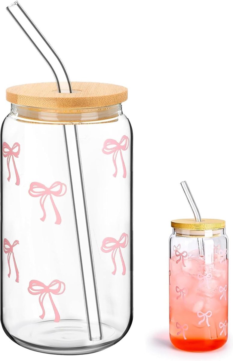 glazen bekerset, blikvormig design, roze strik, 500 ml esthetische glazen tumbler, veelzijdig en stijlvol drinkglas, voor cocktails, whisky, bier, limonade