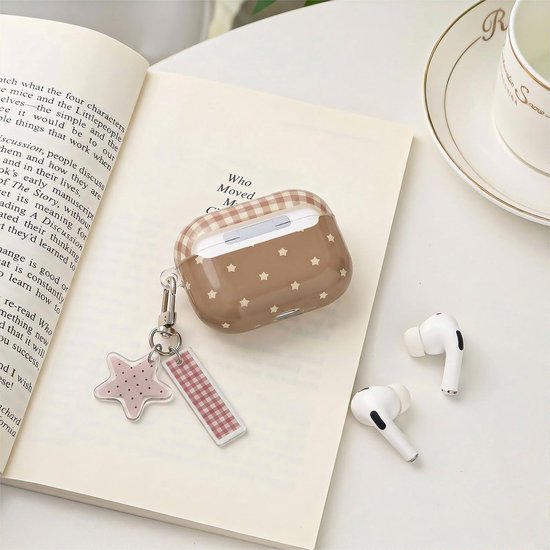 Hoesje voor AirPods Pro/Pro 2 met reinigingsset, schattig retro geruit esthetisch ontwerp ster sleutelhanger zachte TPU schokbestendige hoes voor Airpods Pro 2 - bruin geruit — afbeelding 4