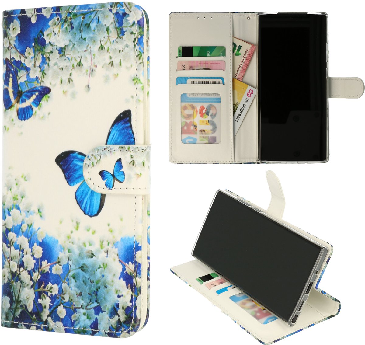 Casemania Hoesje Geschikt voor Apple iPhone 18 Pro - Blauwe Vlinder - Portemonnee Print Bookcase met Pasjeshouder en Standaardfunctie - Wallet case met Ingebouwde Kaarthouders