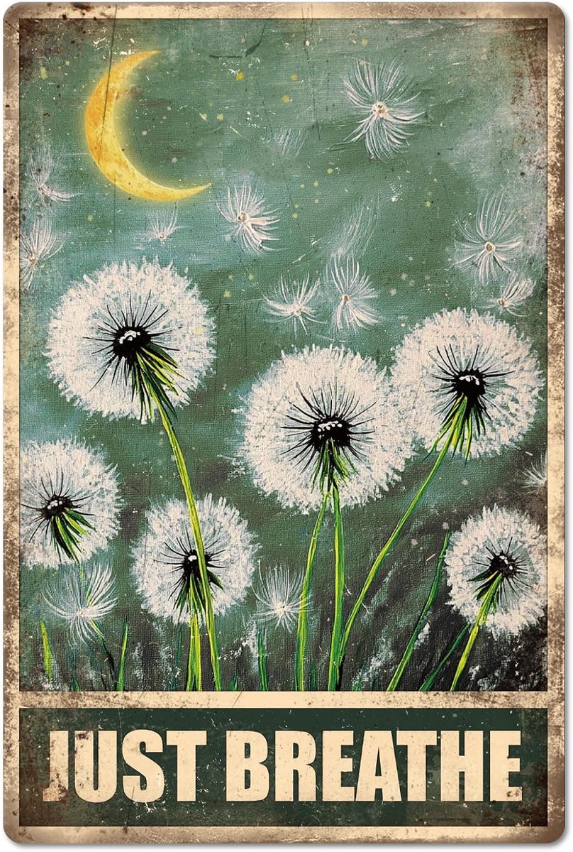 Metalen blikken bord met paardenbloem maan motief "JUST BREATHE" vintage schilderij tinnen borden 30 x 20 cm retro muurkunst plaquette poster voor thuis kantoor bar club woonzaal decoratie