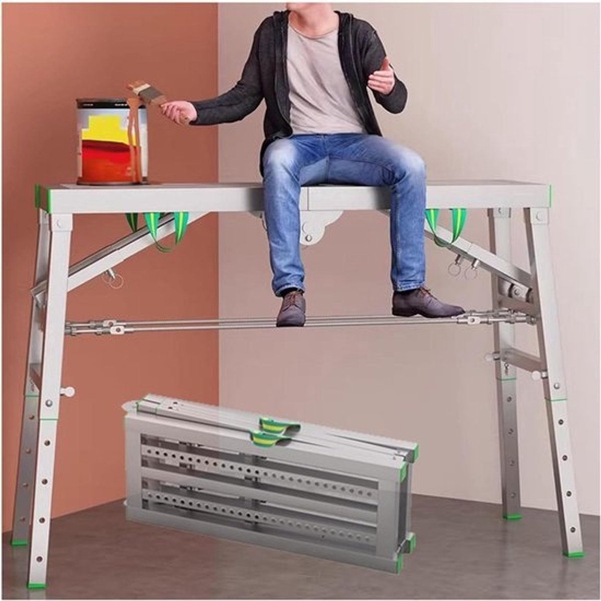 Opvouwbare Steiger - Werkplatform Steigerladder - Klus Werkzaamheden - 5 Versnellingen Hoogte - 40 cm Breed - Zilver