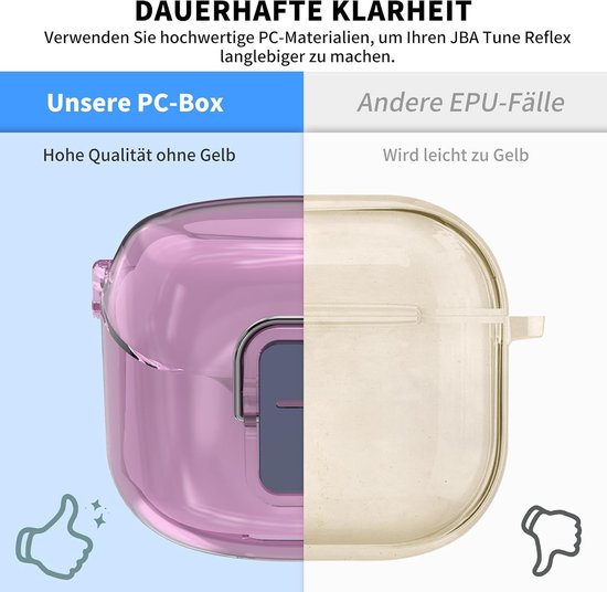 Beschermhoes voor JBL Tune Flex, MOWYEOK transparant pc-veiligheidsslot behuizing, speciaal ontwikkeld voor de JBL Tune Flex-oortelefoon, met karabijnhaak (paars) — afbeelding 4