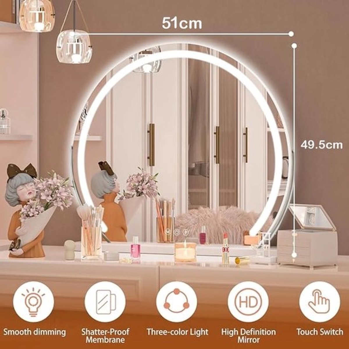 Verlichte Make-up Spiegel - Kaptafel Spiegel - Nauwkeurig Opbrengen - 3 Kleuren 10x Vergroting - 60x59.5cm - Zilver