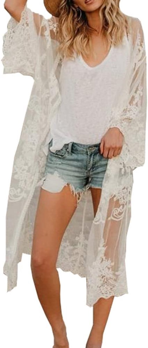 cardigan lange jurk kant bloemen zomer kimono pareo bikini cover up lichte jas strandjurk