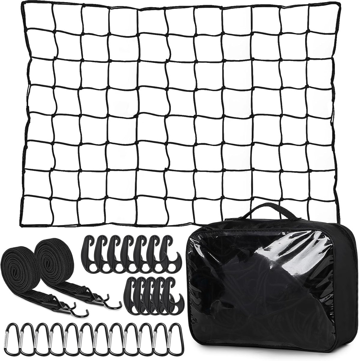 Dailygoods- Bagagenet Uittrekbaar 1,2 m x 1,8 m tot 2,4 m x 3,6 m - Aanhangernet - Elastisch Net - 12 Karabijnhaken - 2 Spanbanden - Veiligheid bij Tr