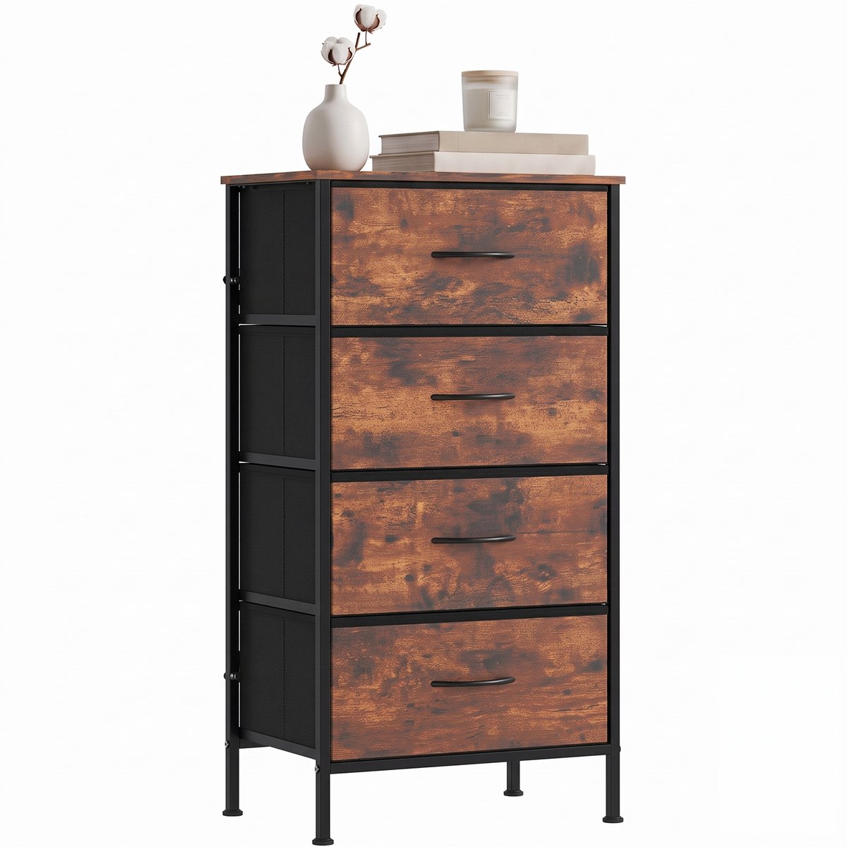 Smalle industriële ladekast met 4 stoffen lades - Vintage bruin/zwart - Voor slaapkamer en hal - MDF blad - Verstelbare voetjes - 45 x 30 x 91 cm