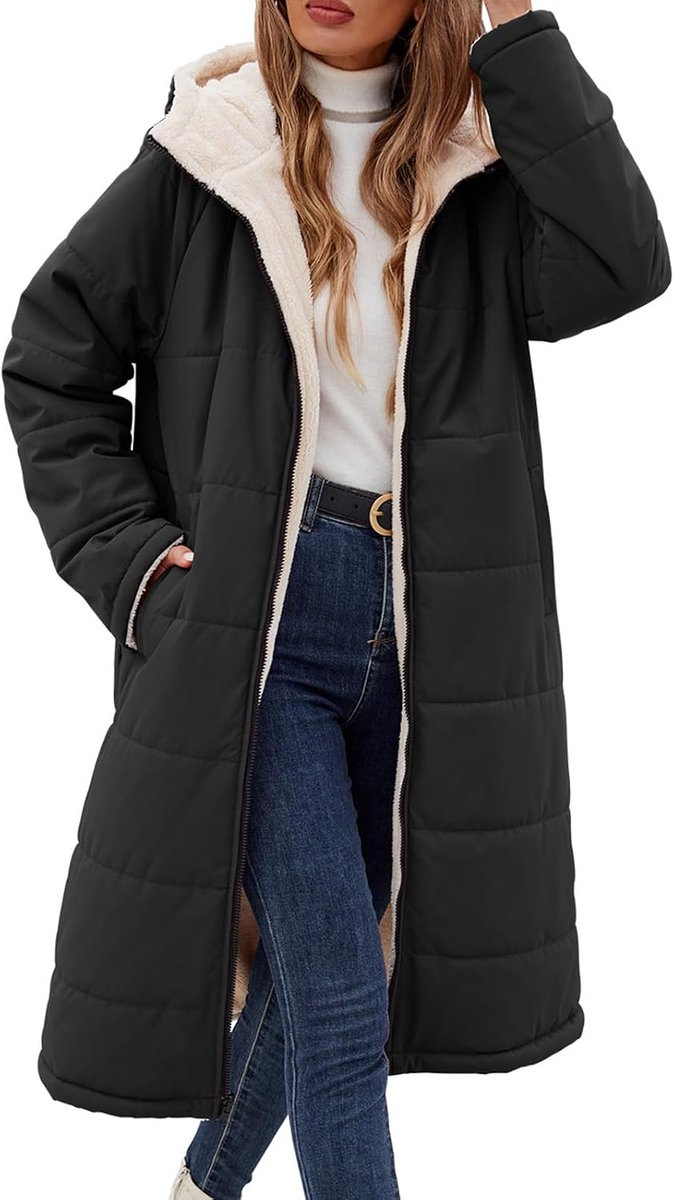 Jas met capuchon, lange winterjas voor dames, omkeerbaar, fleece mantel met ritssluiting en zakken
