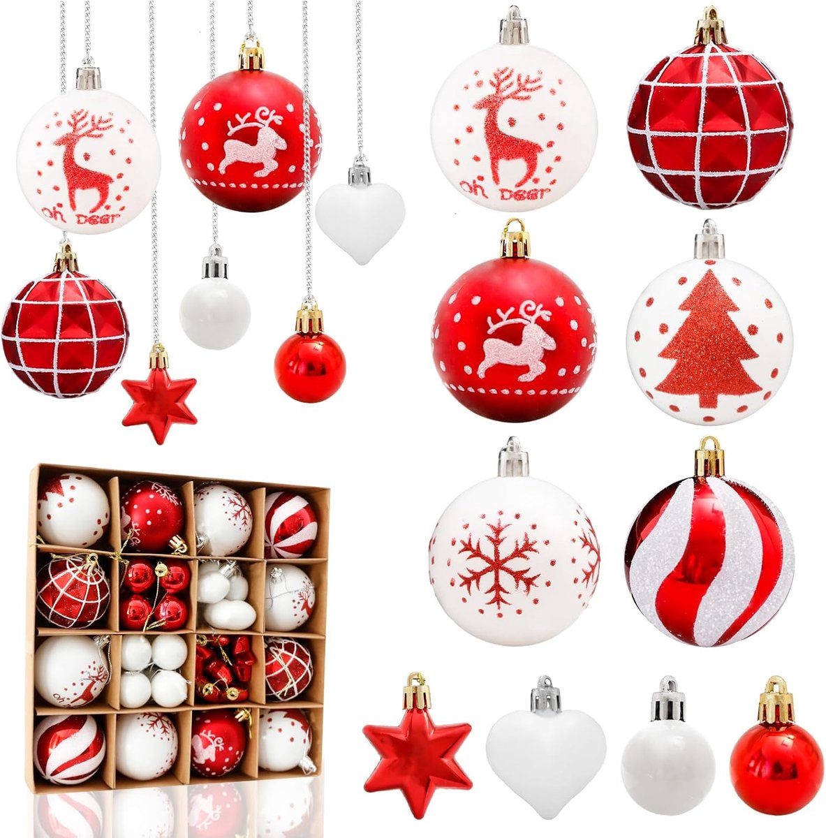 Kerstballen, 6 cm/3 cm kunststof kerstballen met ophangfunctie, breukbestendige ornamenten, kerstboomballen, kerstboomversiering voor binnen en buiten kerstdecoratie