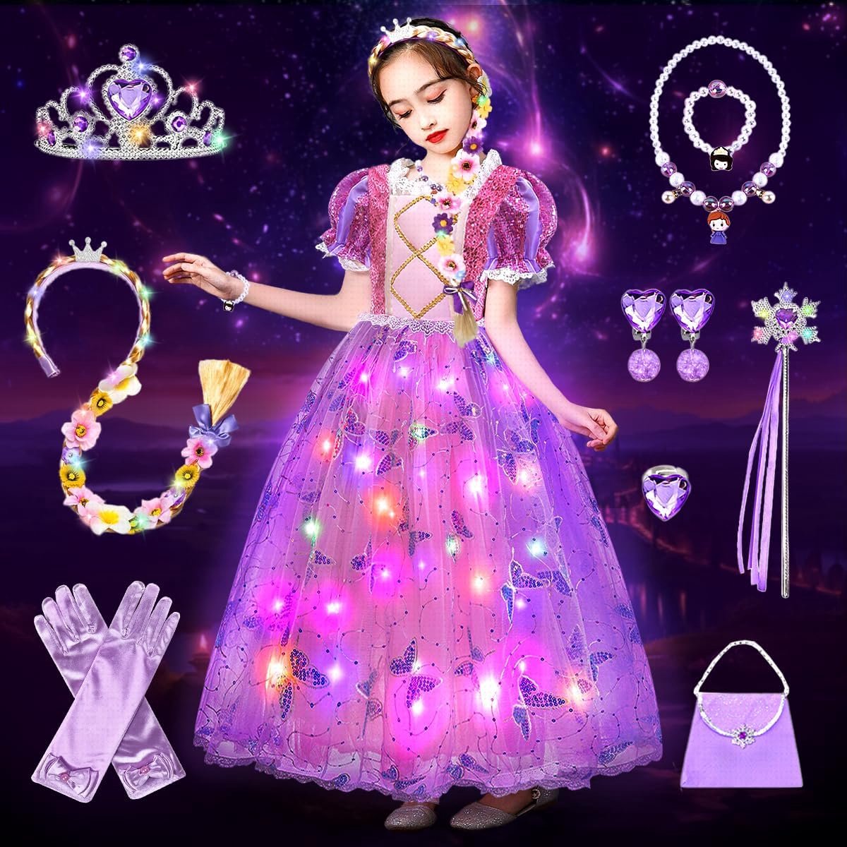 Prinsessenjurk voor meisjes, led-lichtend kostuum met led-kroon, toverstaf, carnavalskostuums voor kinderen, prinsessenkostuum voor meisjes, voor carnaval, cosplay
