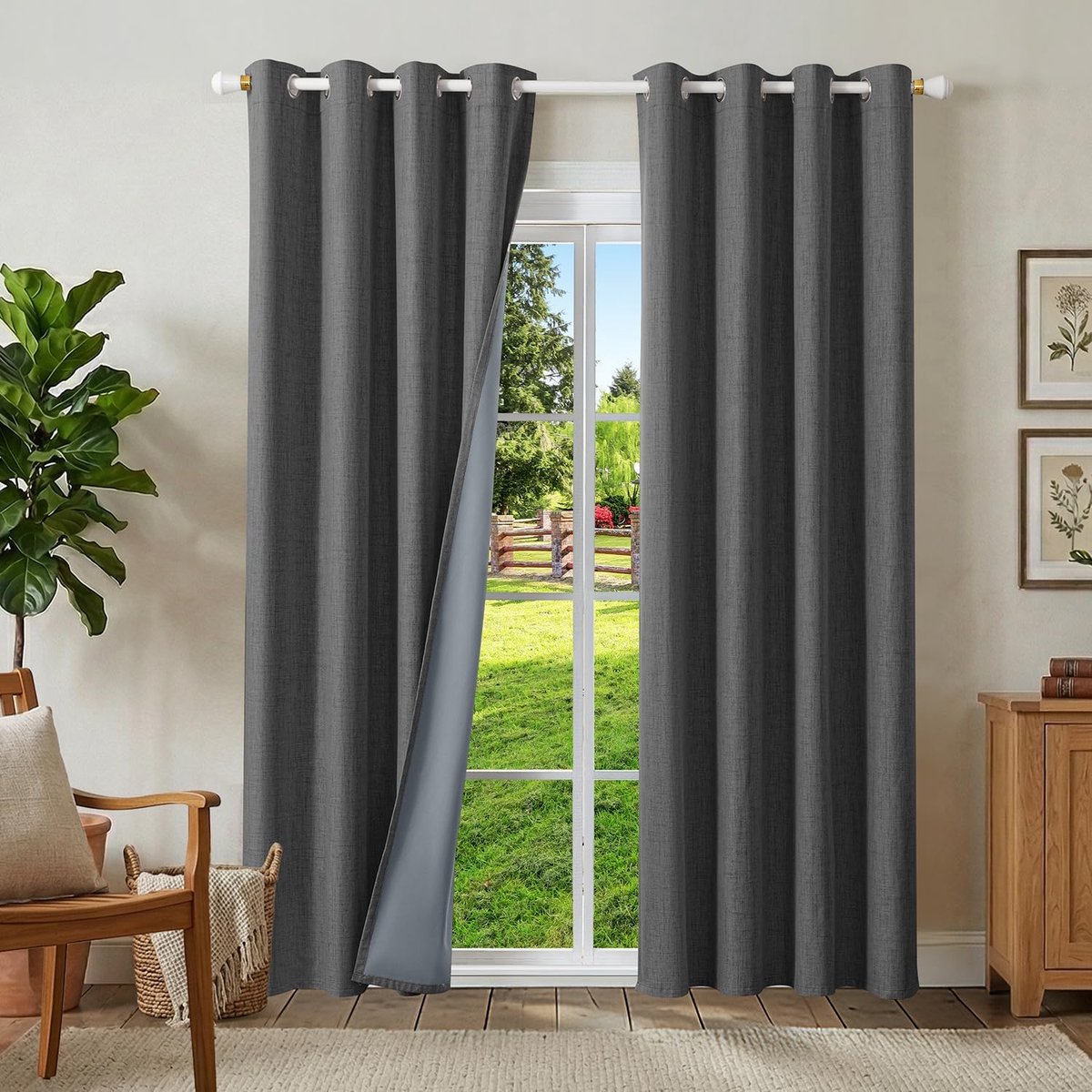 100% verduisteringsgordijnen linnen gordijnen met ogen set van 2, thermogordijn hittebescherming H 230 x B 120 cm, linnen-look gordijnen lichtdicht grijs geluidsisolatie voor slaapkamer
